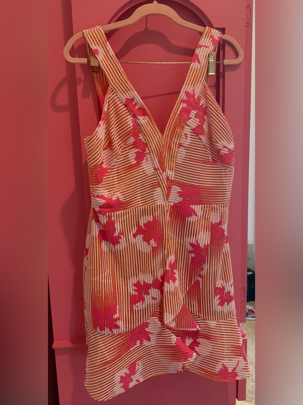 Ramy Brook Pink Floral Striped V-Neck Mini Dress